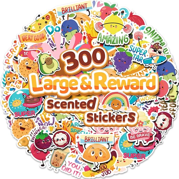 300PCS Large Scratch and Sniff Scented Stickers for Kids, Incentive Smelly Summer Sticker, Motivational for Kids, Bigger Reward Stickers for Student Classroom Must Haves School Supplies