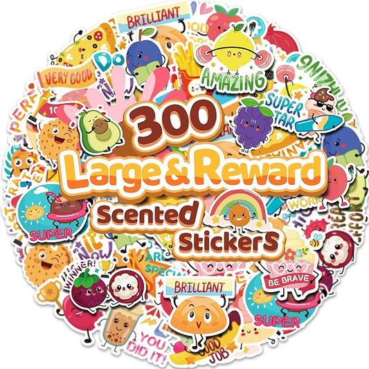 300PCS Large Scratch and Sniff Scented Stickers for Kids, Incentive Smelly Summer Sticker, Motivational for Kids, Bigger Reward Stickers for Student Classroom Must Haves School Supplies