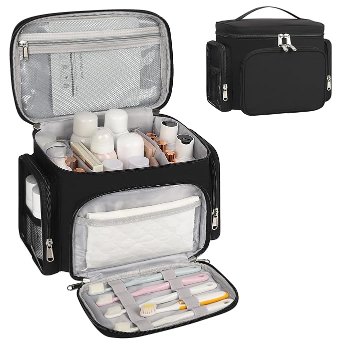 Large Makeup Bag, Travel Toiletry Bag for Women, Lightweight Cosmetic Makeup Bag Organizer with Handle and Clear Side Pockets for Traveling, Accessories, Essentials, Toiletries, Black