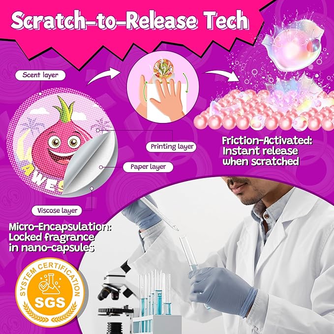 3 Rolls Smelly Stickers for Kids 600 PCS, 24 Designs Onion/Durian/Garlic with Funny Scents, Scratch and Sniff Prank Toys Increase Interaction with Friends, Interesting Reward Stickers for Classroom