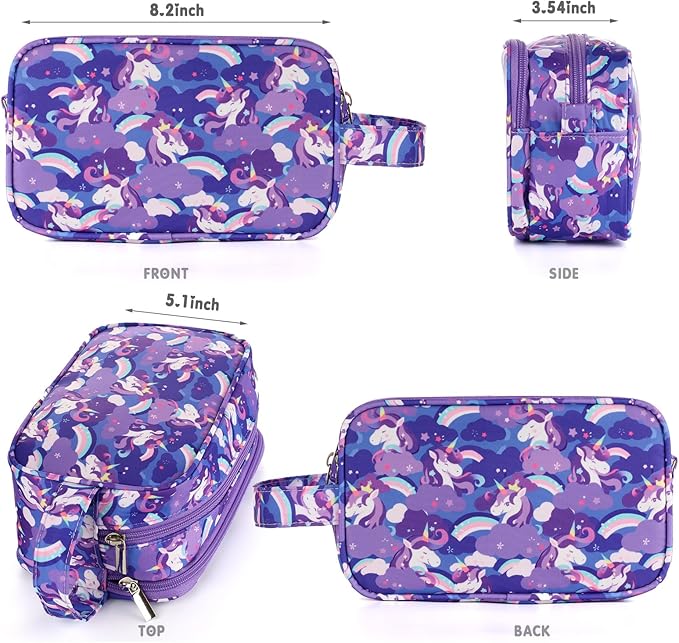 Unicorn Kids Toiletry Bag for Girls, Travel Toiletry Bag for Little Young Girls Cosmetic Bag Makeup Bag Waterproof Hanging Wash Bag Toddler Toiletries, Purple