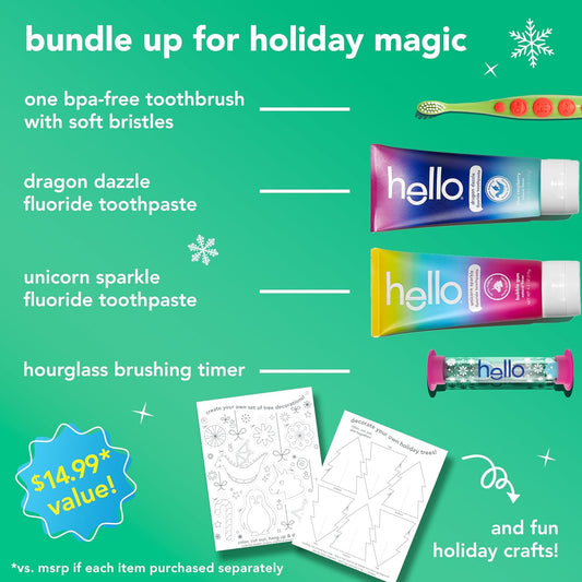 Hello Kids Toothbrush and Kids Toothpaste with Fluoride Holiday Gift Set, for Ages 3 and Older, Includes Bubblegum and Blue Raspberry Flavored Toothpastes, an Hourglass Timer, and Fun Holiday Crafts