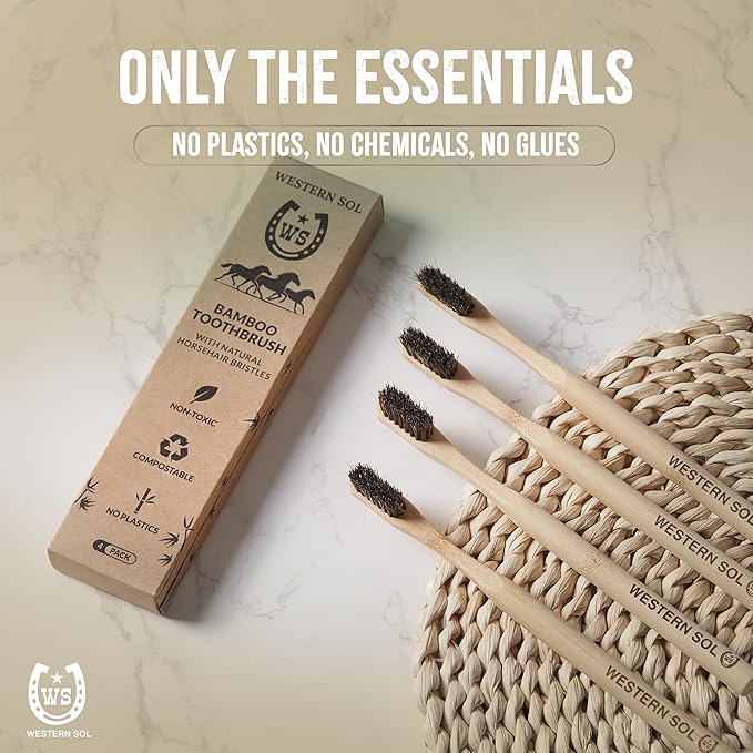 Western SOL Horse Bristle Bamboo Toothbrushes (4-Pack) – Plastic-Free, Biodegradable, Eco-Friendly Toothbrush Set – No Chemicals