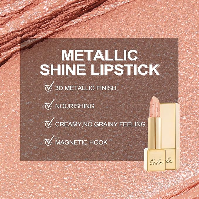 Oulac Matte Nude Peach Lipstick with Glow Metallic Finish - Vegan Lipstick for Women, Creamy Texture, Hydrating Clean Beauty Formula, High-End Magnetic Hook Design, GM06 Hugs