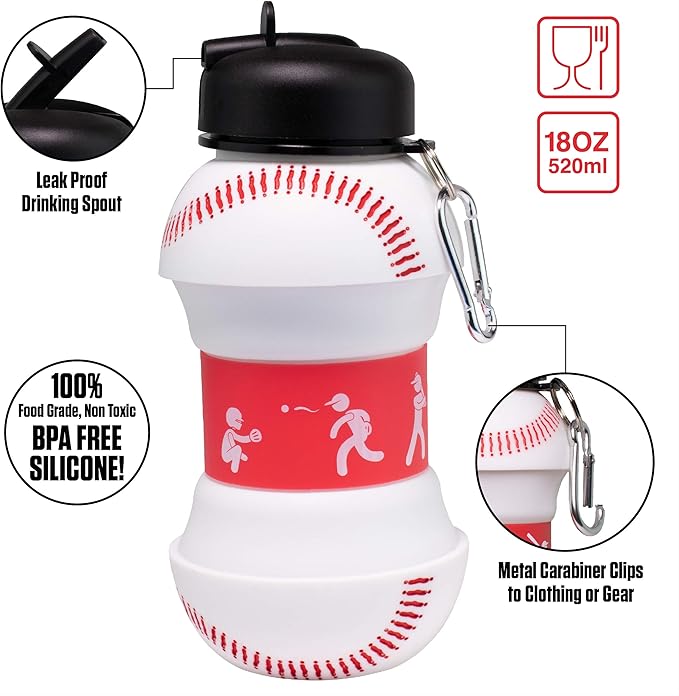Maccabi Art Clip-On Collapsible BPA-Free Silicone Baseball Water Bottle for Kids, 18 Oz. Size