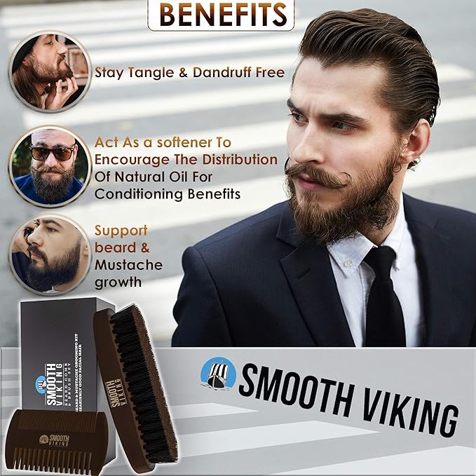 Smooth Viking Beard Brush & Comb Gift Set for Men - Natural Boar Bristle Hair Brush & Wooden Comb, Boar Brush for Facial Hair Styling, Grooming & Beard Shaping Tool, Men Hair Products - Brown