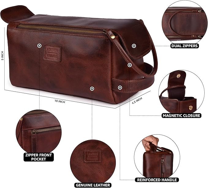 LEATHER VILLAGE Premium Leather Travel Toiletry Bag - Unisex Water-Resistant Travel Bag for Toiletries, Shaving & Cosmetic Organizer for Men & Women - Compact Bathroom Essentials - Cherry Brown