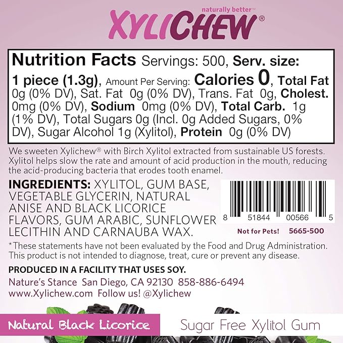 Xylichew 100% Xylitol Chewing Gum - Non GMO, Non Aspartame, Gluten Free, and Sugar Free Gum - Natural Oral Care, Relieves Bad Breath and Dry Mouth - Licorice, 500 Count