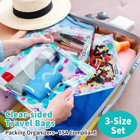 TSA Approved Toiletry Bag, Set of 3 Clear Travel Toiletry Bag Quart Size Zipper Travel Pouch, Waterproof Makeup Cosmetic Bag for Women Men Kids Toiletries Carry on, Watercolor