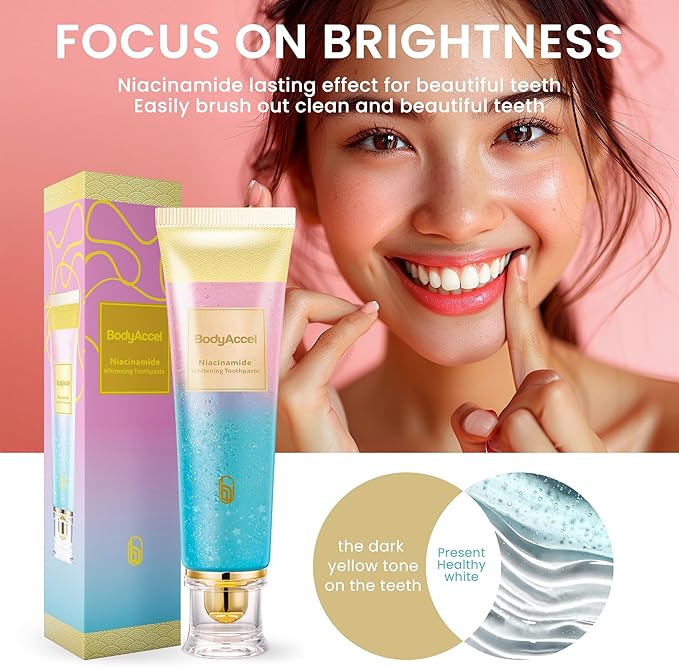 2 Pack BodyAccel Niacinamide Whitening Toothpaste, Triple Whitening Niacinamide Toothpaste, Brightens and Whitens Teeth, Natural Gentle, Fresh Breath