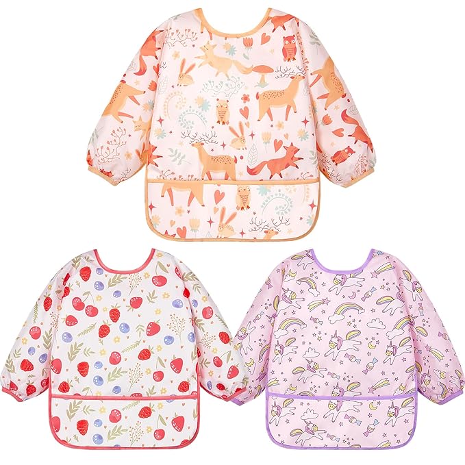 Lictin 3 Pack Baby Bibs for Boy or Girl, Cute Long Sleeve Bib, Waterproof Bibs for Toddlers,Adjustable Closure Baby Smock, Mess Proof Baby Bib, 6-24 Months Reusable Infant Baby Bibs