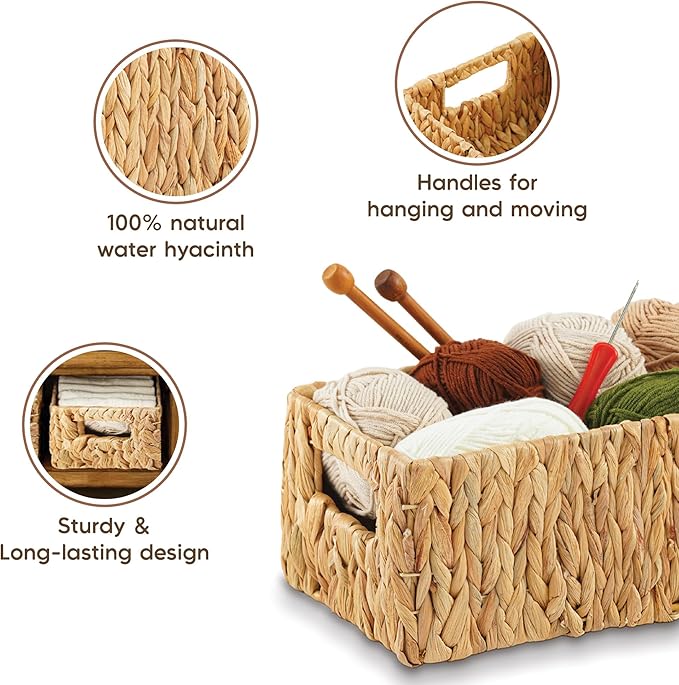 Greenatural Water Hyacinth Storage Baskets Set of 2, Handwoven Rectangular Organizer Trays with Built-in Handles in 2 Sizes, Nested Wicker Bins for Shelf, Bathroom, Kitchen, Office, Natural Decor