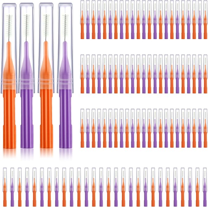 Patelai 100 Pieces Braces Brush for Cleaner Interdental Brush Toothpick Dental Flossing Head Oral Hygiene Flosser Tooth Cleaning Tool(Orange, Purple)