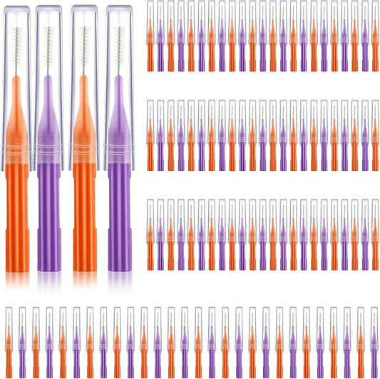 Patelai 100 Pieces Braces Brush for Cleaner Interdental Brush Toothpick Dental Flossing Head Oral Hygiene Flosser Tooth Cleaning Tool(Orange, Purple)