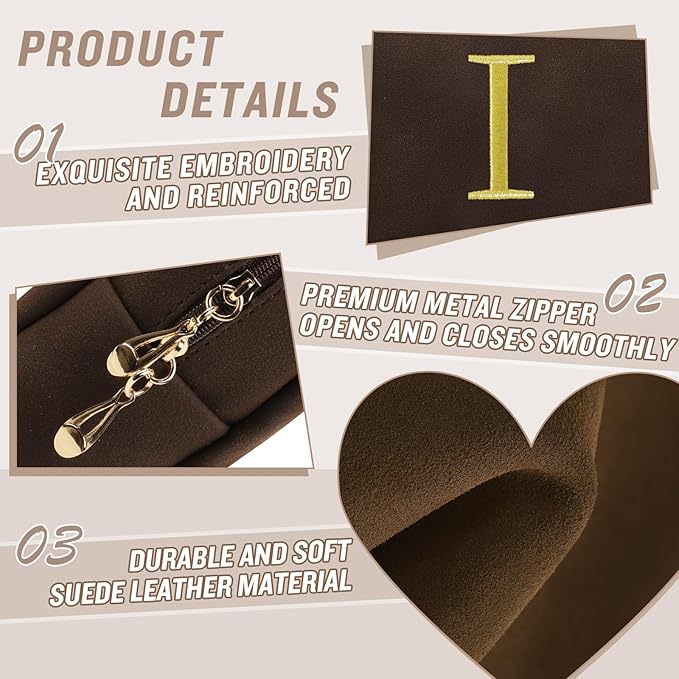 Personalized Initial Makeup Bag,Preppy Suede Cosmetic Bag for Teen Girls,Small Monogram Travel Toiletry Bag With Gold Embroidered Letter,Trendy Stuff Custom Christmas Gift for Women(Coffee-I)