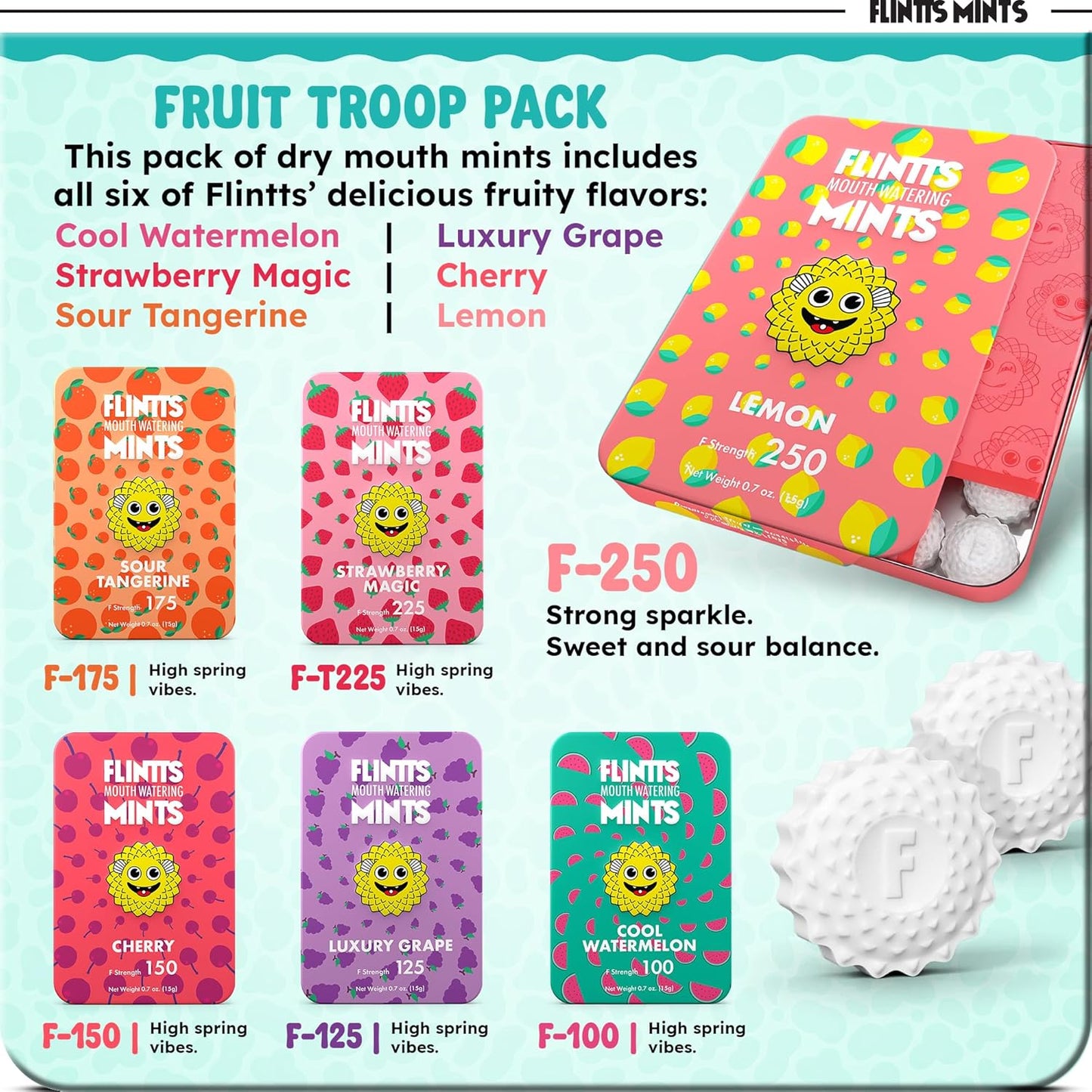 Flintts Mints Fruit Troop – Sugar Free Mouthwatering Mints for Dry Mouth Relief & Freshness – Vegan Oral Health Support with Sparkle Effect – Pocket Travel Saliva Substitute, Lozenges Alternative
