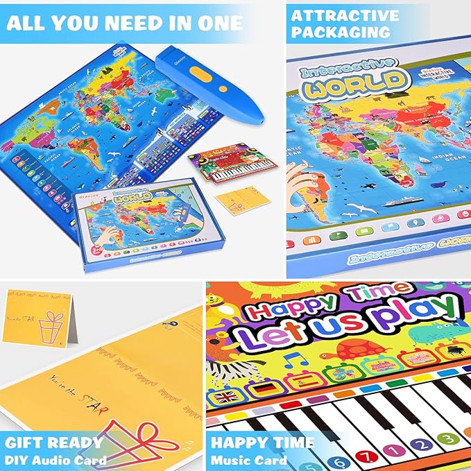 Bilingual Interactive World Map for Kids Learning and Educational Toys, Talking Electronic Kids World Map i-Poster Geography Games Ages 3 to 12 Years Old, Custom Talking Birthday Gifts Card