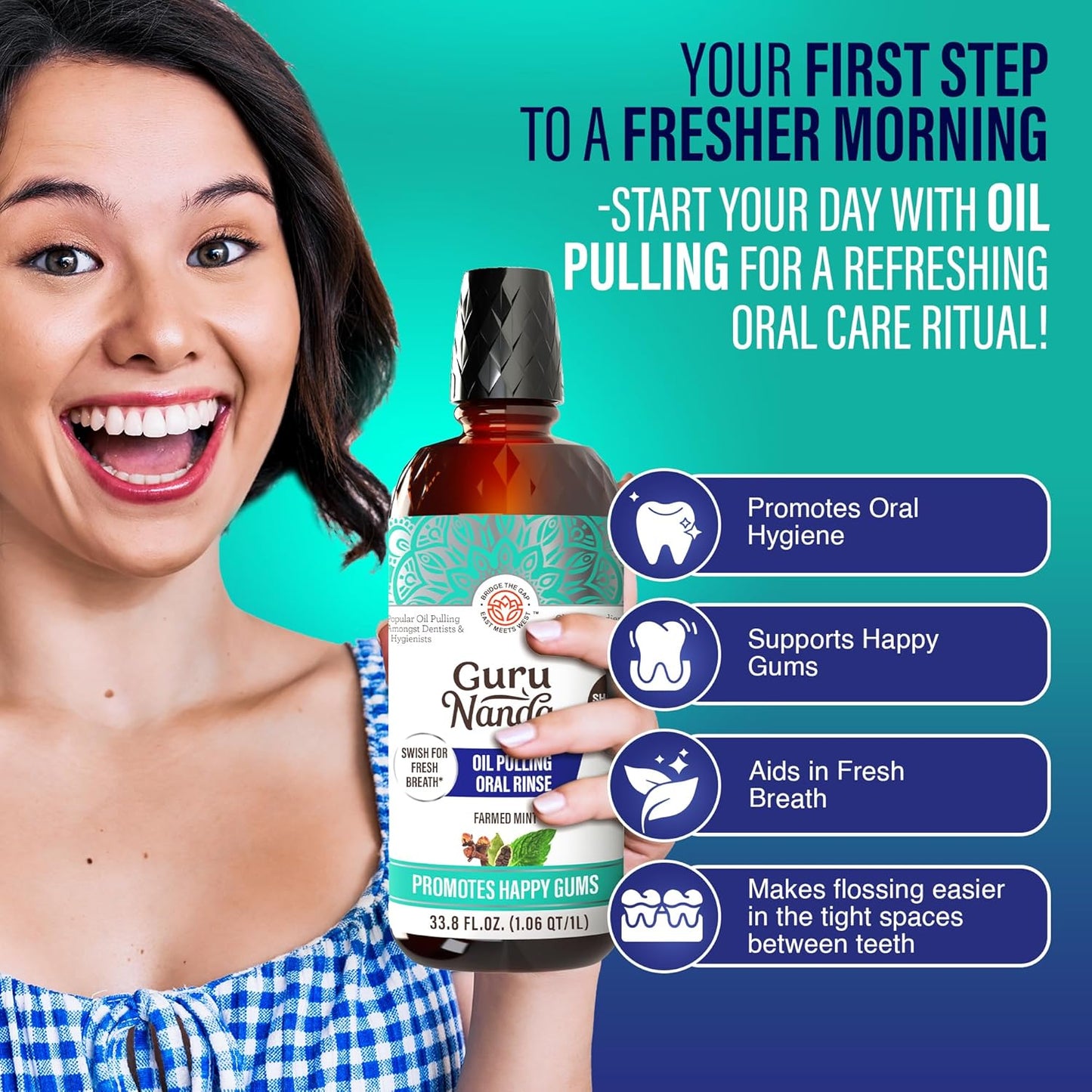GuruNanda CocoMint Oil Pulling Mouthwash for Complete Oral Hygiene, 7 Essential Oils & Vitamins for Happy Teeth & Gums & Fresh Breath, Alcohol-Free, 33.8 Fl Oz/1L