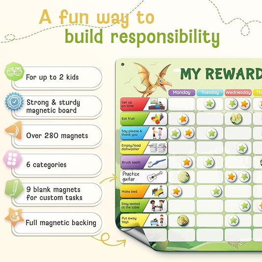 Magnetic Reward Chart for Kids with 280 Magnets - Behavior Chart for Kids at Home - Responsibility Reward Chart - Chore Chart - Visual Schedule - Ideal for Ages 3-9, Autism, ADHD - Green