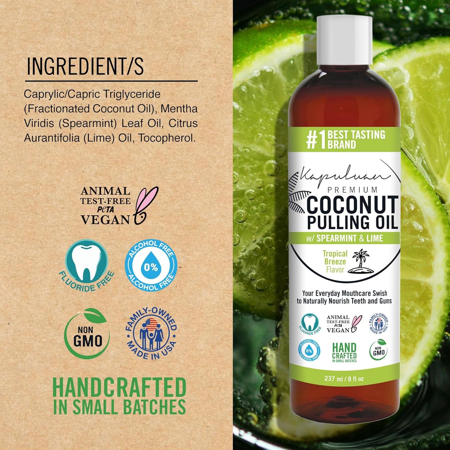 Kapuluan Coconut Oil Pulling for Teeth and Gums Mouthwash, 100% Pure and Natural, Non-GMO, Ayurvedic – Refreshing Spearmint and Lime Essential Oils