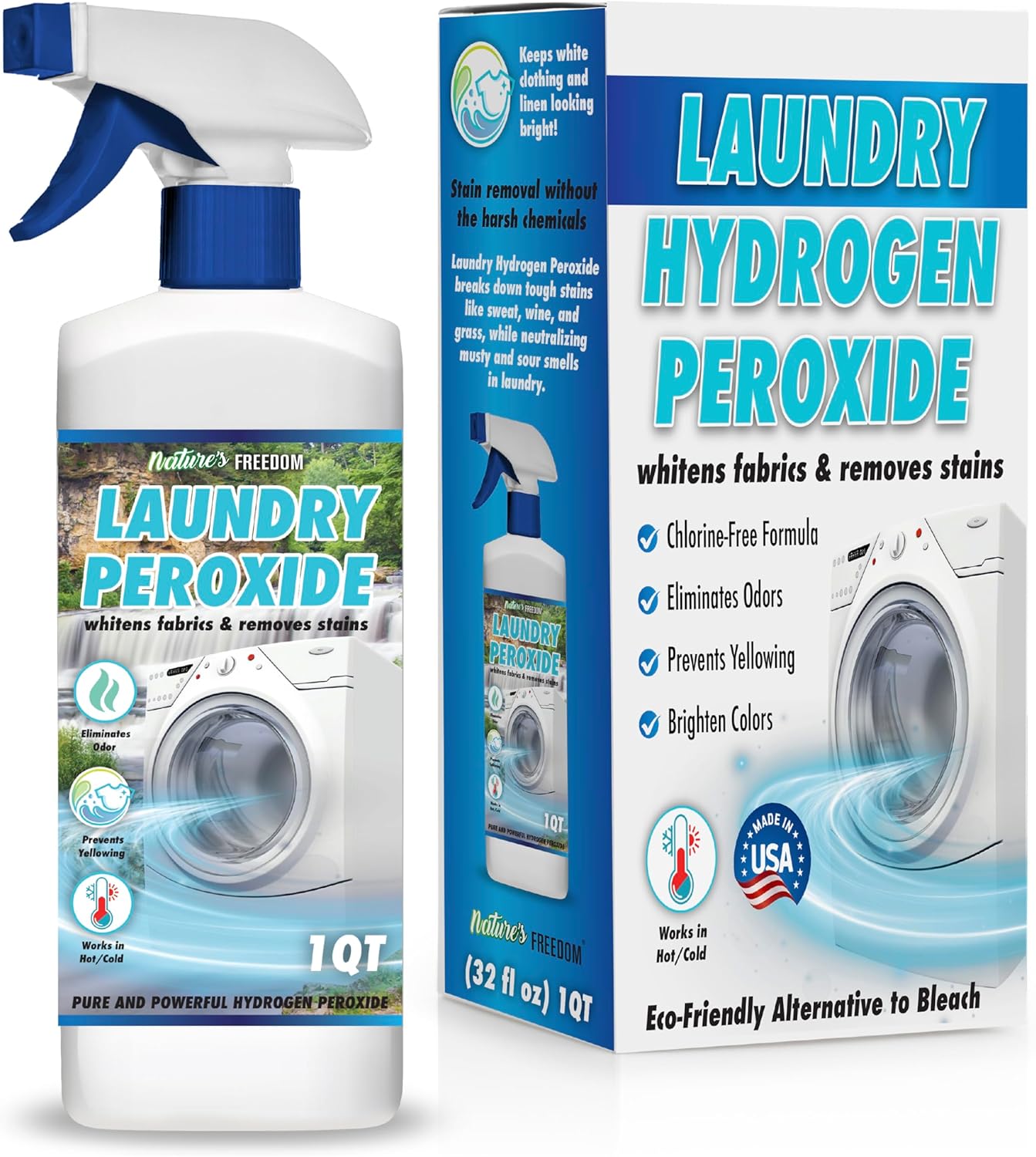 Nature's Freedom Laundry Peroxide Spray – Powerfully Breaks Down Odors & Tough Stains Naturally – Chlorine-Free Whitening & Stain Remover – 32 Fl Oz