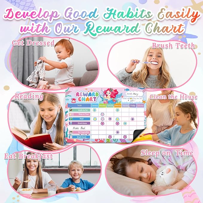 Magnetic Reward Chart for Kids, Mermaid Design Chores Chart for Kids Dry Erase Behavior Chart for Children at Home with 52 Chore Charts &120 Star Stickers Responsibility Chart for Kids Toddlers