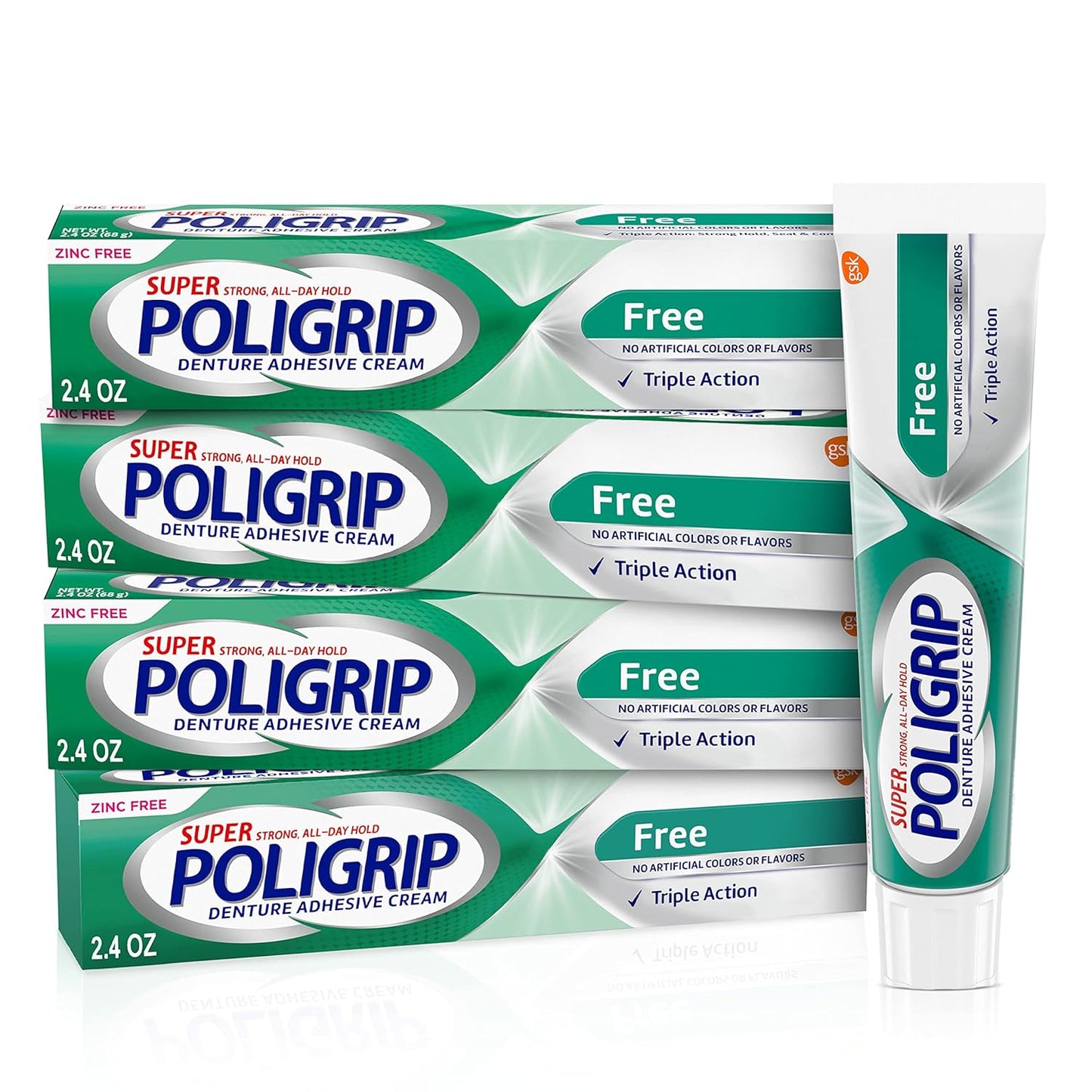 Super Poligrip Zinc Free Denture and Partials Adhesive Cream, 2.4 ounce (Pack of 4)