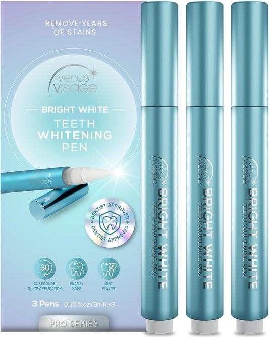 Venus Visage Teeth Whitening Pen - Effective Teeth Whitening Gel - 40+ Uses - Professional Formula - Mint Flavor - No Sensitivity (0.10 Fl Oz (Pack of 3))