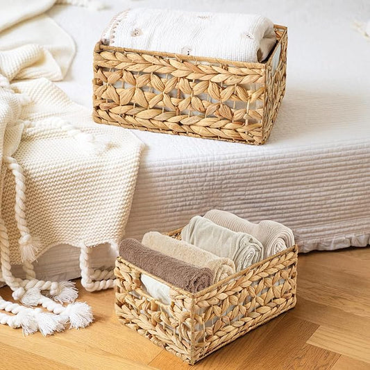 Greenatural Water Hyacinth Storage Baskets Set of 2, Handwoven Rectangular Organizer Trays with Liners, Rattan Wicker Bins with Handles, Storage Organizers for Shelf, Bathroom, Kitchen, Office