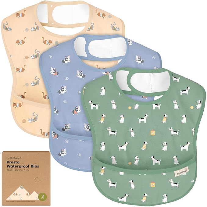 KeaBabies 3-Pack Waterproof Baby Bibs for Eating - Lightweight Toddler Feeding Bibs with Large Food Catcher, Mess Proof, Food-Grade Baby Eating Essentials, Easy to Put On & Clean (Pets & Paws)