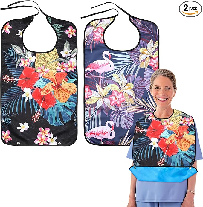 2 Pcs Adult Bibs for Women, Adult Bibs for Special Needs Adults for Eating, Waterproof Leakproof Clothing Protector with Crumb Catcher, Washable & Dryable Large Bib