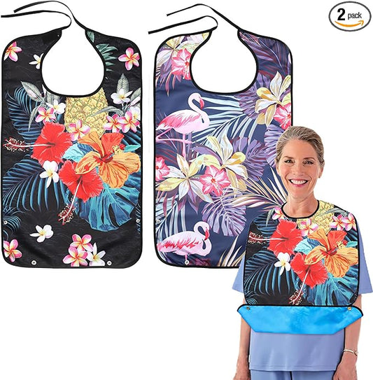 2 Pcs Adult Bibs for Women, Adult Bibs for Special Needs Adults for Eating, Waterproof Leakproof Clothing Protector with Crumb Catcher, Washable & Dryable Large Bib