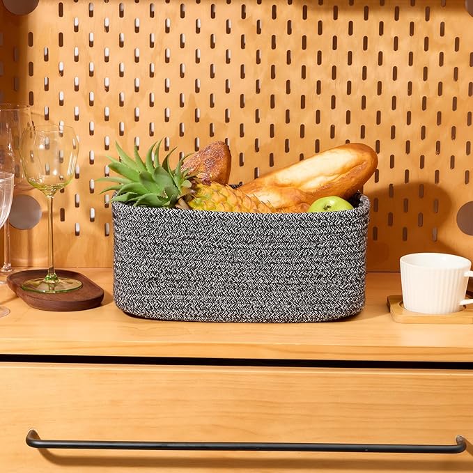 Small Storage Baskets for Organizing | Closet Organizer Bins | Shelf Toy Basket | Woven Rope Baskets | Cube Decorative Box | Shallow Basket | 13x8.5x5.1” | 4 Packs Dark Gray