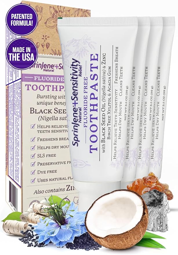 SprinJene Natural Sensitivity Relief, Fluoride Free Toothpaste for Sensitive Teeth (4 Pack) + Fluoride Free & Alcohol Free Mouthwash