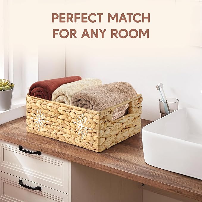 Greenatural Water Hyacinth Storage Baskets Set of 2, Handwoven Rectangular Organizer Trays with Handles, Wicker Bins with Hand Embroidered Patterns for Shelf, Bathroom, Kitchen, Office, Natural Decor