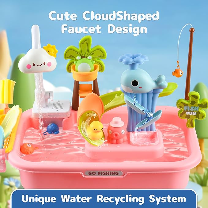 2026 Upgraded Toddler Sand Water Table Toy with Electric Water Pump, Kids Sand Water with Faucet/Play Food Accessories/Fishing Toy, Kitchen Play Sink Toys for Girl Boy Age 3+ (Pink)
