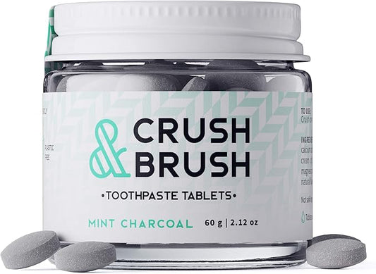 Crush & Brush Toothpaste Tablets-Mint Charcoal Glass JAR - 60g ~ 80 Tablets