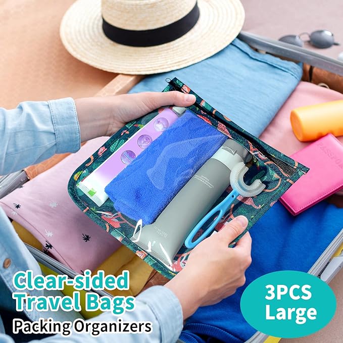 TSA Approved Toiletry Bag, Set of 3 Clear Travel Toiletry Bag Quart Size Zipper Travel Pouch, Waterproof Makeup Cosmetic Bag for Women Men Kids Toiletries Carry on, Jungle Large