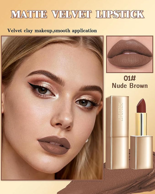 Velvet Matte Lipstick, Nude Brown High Pigmented Lip Tint Stain, Waterproof Long Lasting Cream Lip Gloss, Non-Stick Cup Smooth Tinted Lip Balm, Thanksgiving Lip Professional Makeup Gift for Women-01