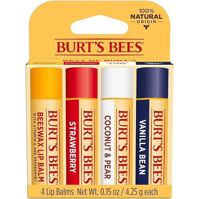 Burt's Bees Lip Balm, Beeswax, Strawberry, Coconut and Pear, and Vanilla Bean Pack, With Responsibly Sourced Beeswax, Tint-Free, Natural Lip Treatment, 4 Tubes, 0.15 oz.