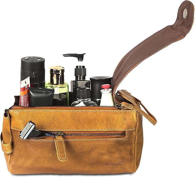 KomalC Premium Buffalo Leather Toiletry Bag for Men & Women – Leather Dopp Kit With Water resistant Lining, Premium Toiletry Travel Pouch, Unisex Wash Bag for Toiletries, Gifts for Men and Women