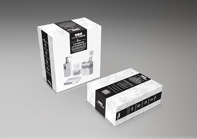 Creative Scents Quilted Mirror White Bathroom Accessories Set - Decorative 4 Piece Bathroom Set - Mirrored Bathroom Accessory Set Includes: Soap Dispenser, Toothbrush Holder, Tumbler & Soap Dish