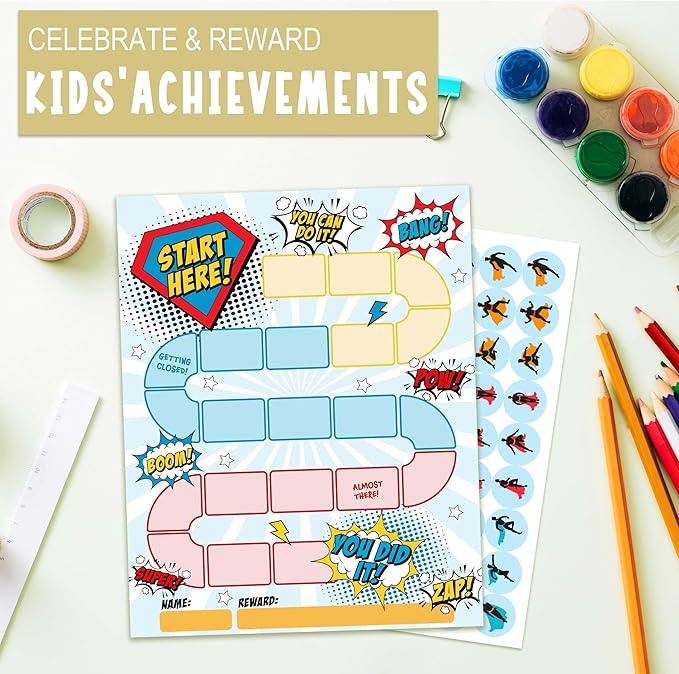 20 Superhero Reward Chart with 432 Round Stickers, Incentive Behavior Chart for Kids at Home Classroom, Kids Routine Daily Chore Sticker Chart-B12