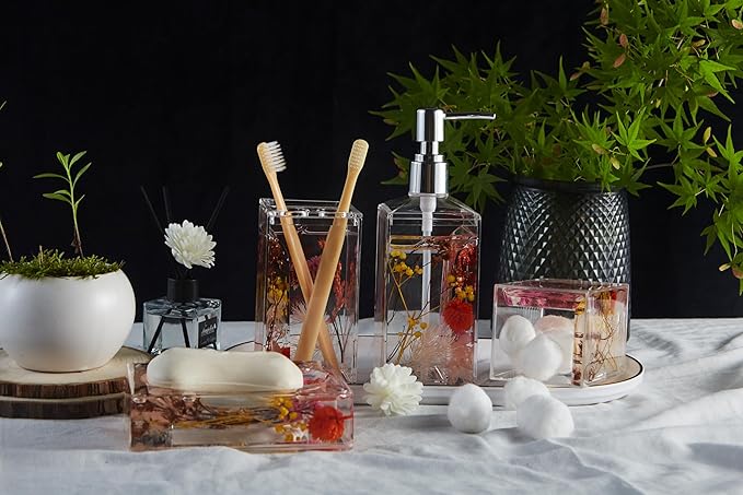 Locco Decor 4 Piece Acrylic Liquid 4D Floating Motion Bathroom Vanity Accessory Set Garden Botanic Pink Plants Toothbrush Holder, Tumbler, Soap Dispenser, Soap Dish