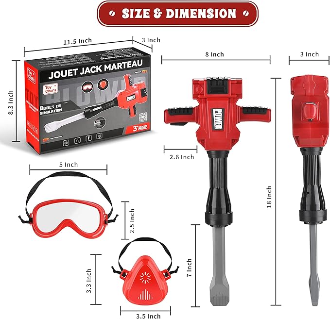 Toy Choi's Kids Jackhammer Toy Drill - Pretend Play Jackhammer with Realistic Sound & Action, Kids Construction Toys for Boys Girls Aged 3-5,4-7
