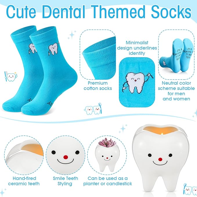5 Pcs Christmas Dentist Thank You Gift Set for Women Dental Hygienist 15 oz Coffee Mug with Spoon Tooth Shape Candle Holder Planter Socks for Female Healthcare Worker Nurse Gifts