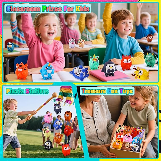 24 PCS Party Favors for Kids, Silicone Animal Pop Fidget Toys with Suction, Birthday Gifts for Boy Girls, Treasure Box Toys, Goodie Bag Stuffers, Prizes for Kids, Pinata Stuffers