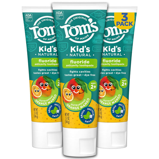 Tom's of Maine Kids Natural Toothpaste with Fluoride for Ages 2+, ADA Approved, Outrageous Orange Mango, 5.1 ounces (3 Pack)