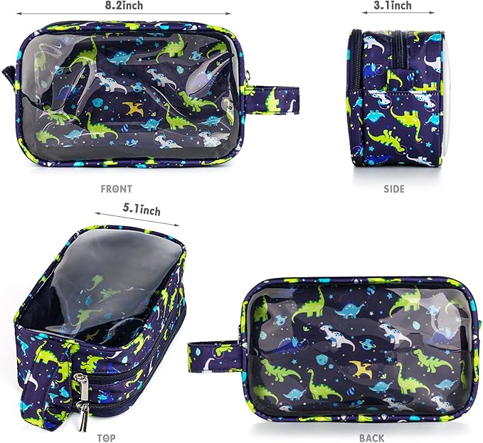 Dinosaur Kids Toiletry Bag for Boys, Travel Clear Toiletry Bag for Little Young Boys Waterproof Hanging Wash Bag Toddler Traveling Toiletries, Navy