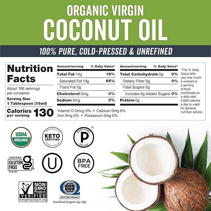 Viva Naturals Organic Coconut Oil, 54 fl oz – Unrefined, Cold-Pressed Extra Virgin Coconut Oil, USDA Organic & Non-GMO, Natural Cooking Oil, Hair Oil & Skin Oil